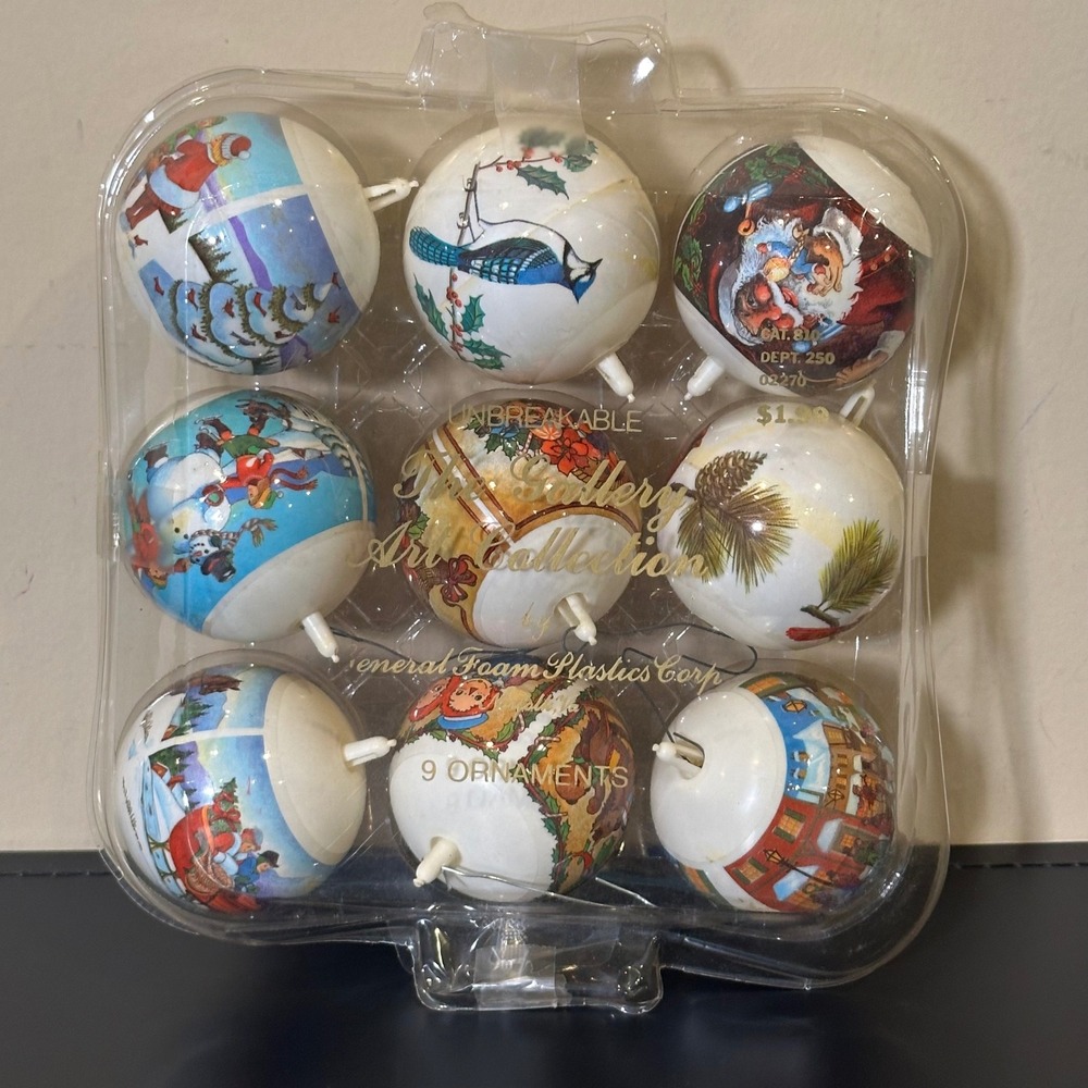 Vintage General Foam Plastics Art Collection Christmas Ornaments Set of 9 White